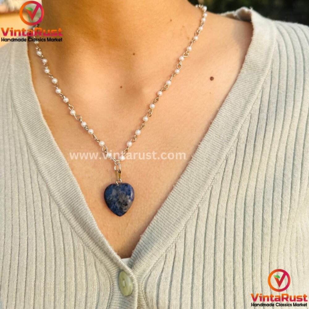Beaded Chain Necklace With Blue Rhodonite Stone Heart Shape Pendant, Handmade